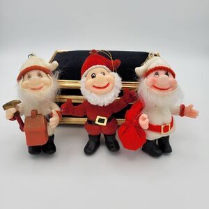 Adorable Trio of Vintage Flocked Santa & Santa's Helpers Elves Ornaments